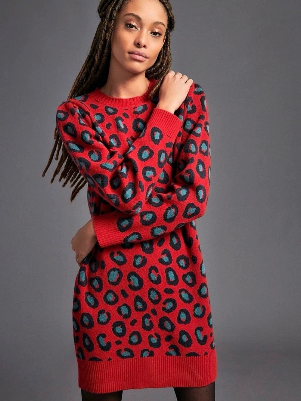 Farm Rio Mixed Leopard Pop Sweater Dress in Red & Black